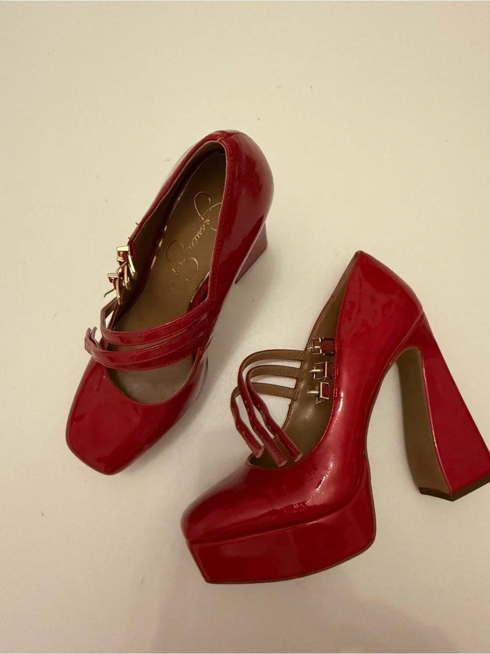 Jessica Simpson Red Patent Triple-Strap Platform Pumps